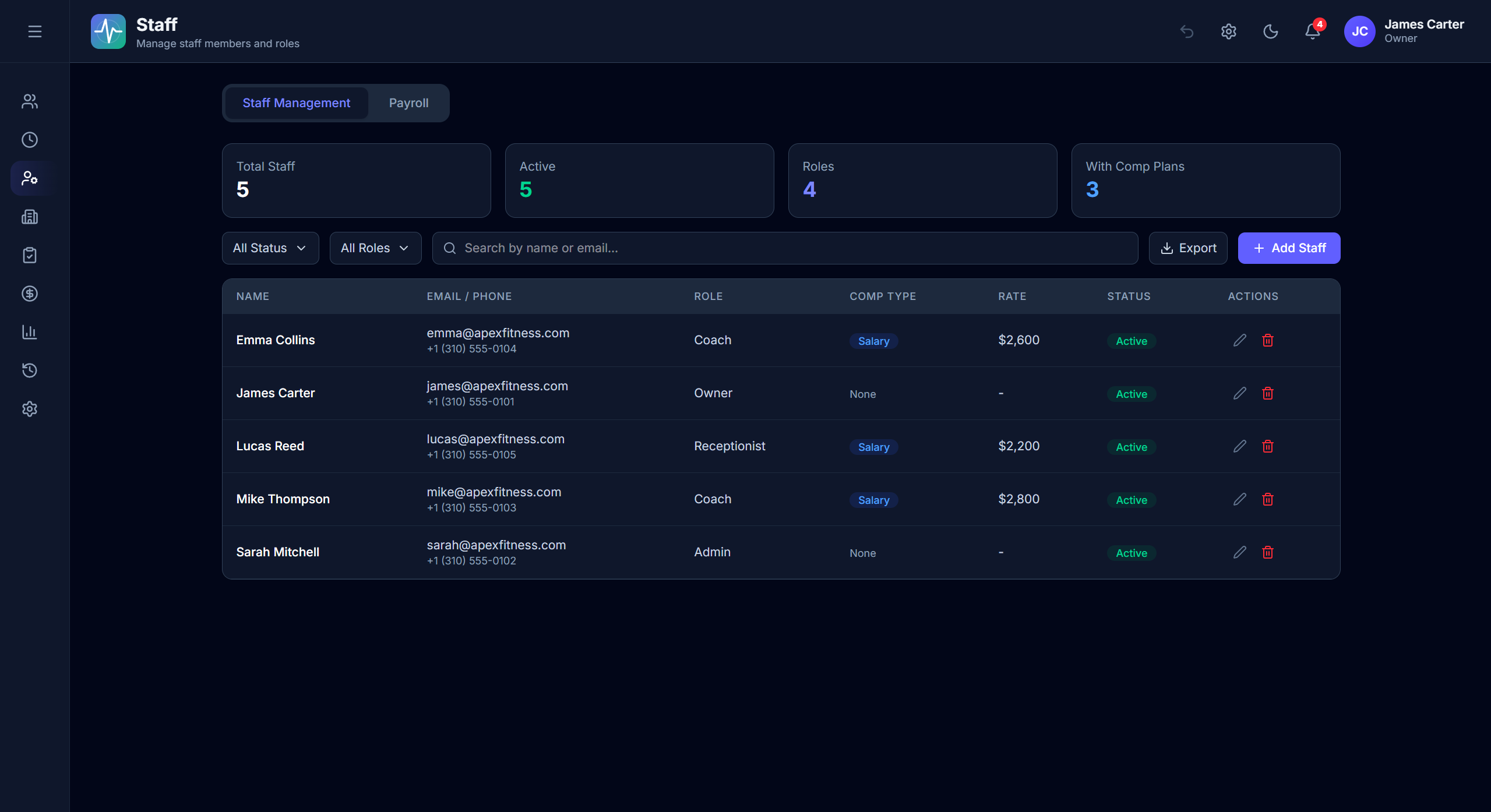 OmniPulse staff management page with roles, payroll calculation, and coach assignments